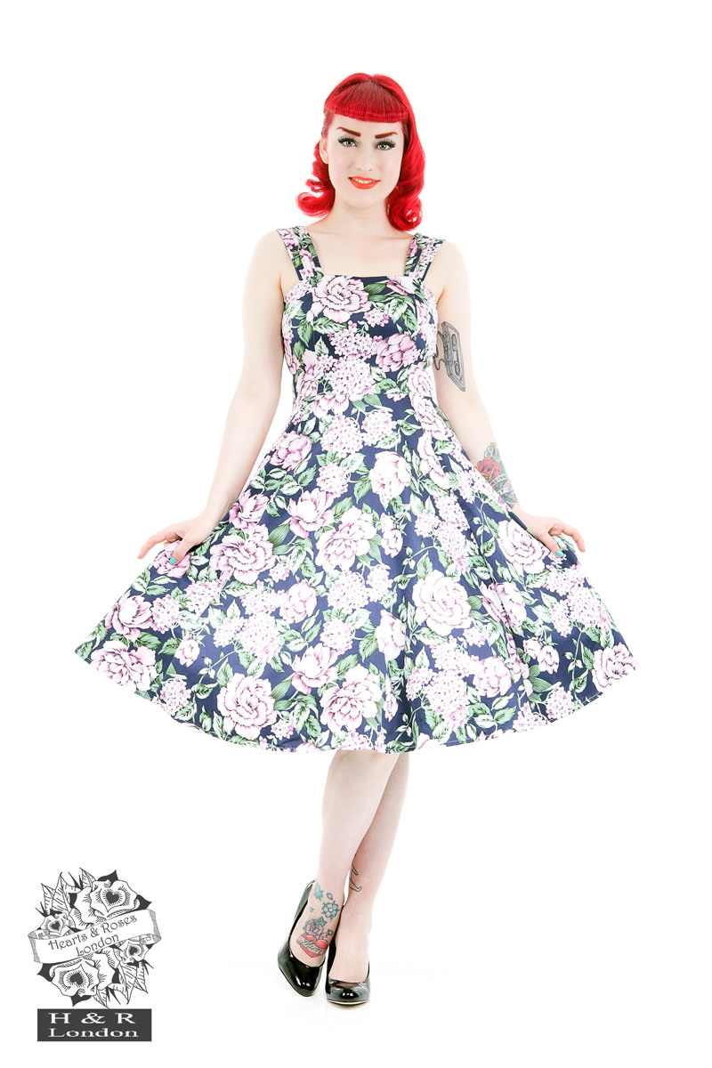 Navy Pink Peony Floral Lilac Swing Dress - Hearts & Roses Australia