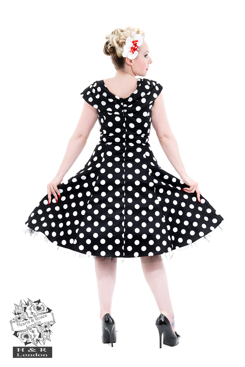 black and white polka dot dress off the shoulder