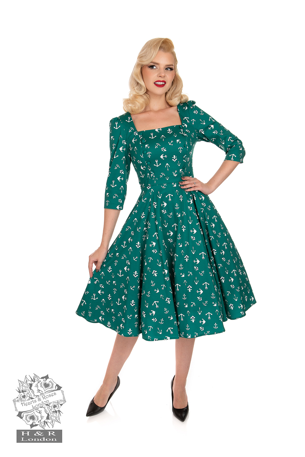 Teal Green Swing Coat, Hearts and Roses London